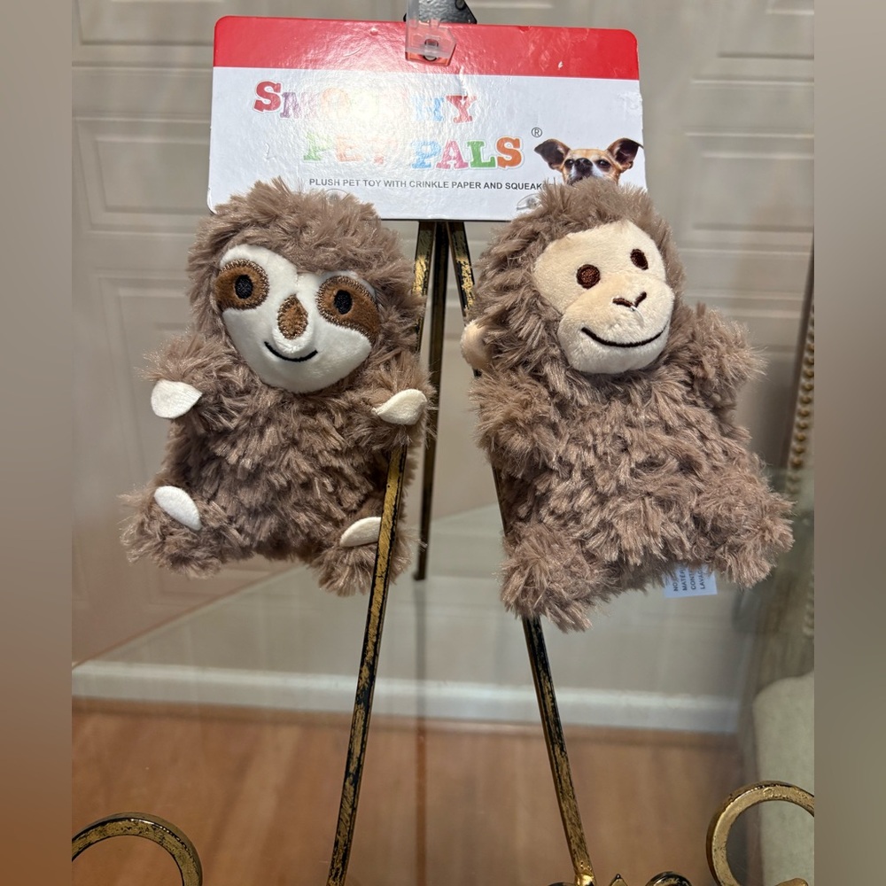 Smoochy Pet Pals ~SqueakyCrinkle Dog Toy.  Sloth & Monkey 5.5”